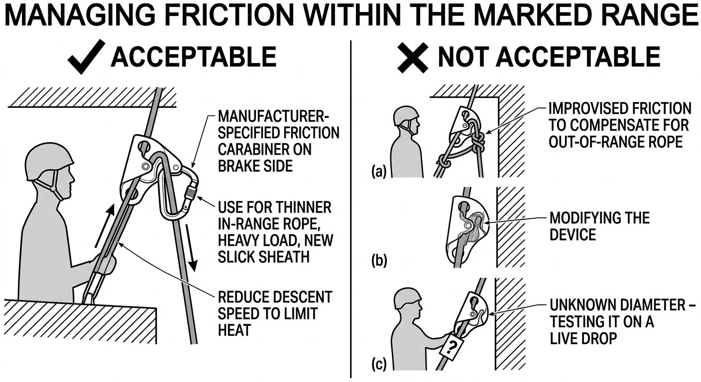 Comparison diagram showing an acceptable manufacturer-specified friction carabiner on the brake side versus unacceptable improvised friction, device modification and use of unknown rope diameter