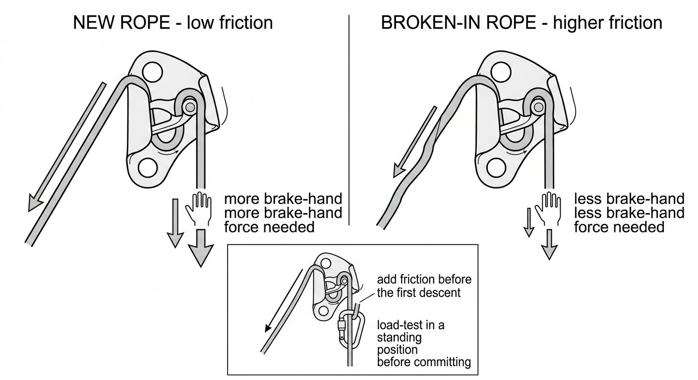 Diagram comparing descender friction on new slick rope versus broken-in rope, with an inset showing an added friction carabiner on the brake side.