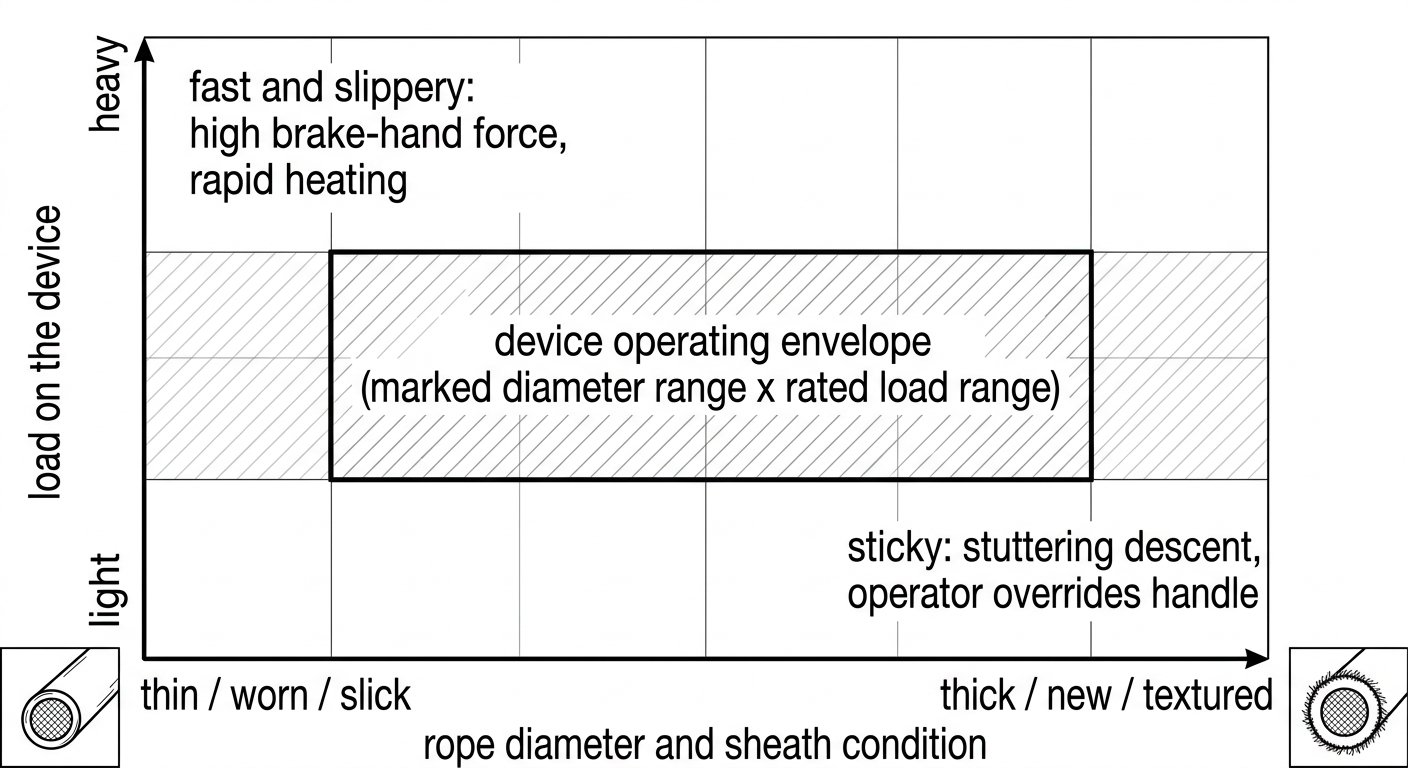 Chart showing a descender's operating envelope with load on the vertical axis and rope diameter and condition on the horizontal axis, marking the slippery and sticky failure corners.