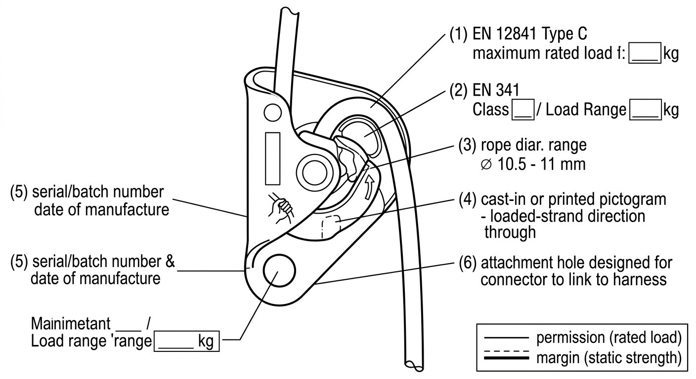 Line diagram of a descender side plate with numbered callouts to EN 12841 Type C rating, EN 341 class and load range, rope diameter range, rope direction pictogram, serial number and attachment hole.