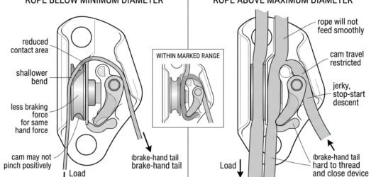 Cut-away diagrams comparing a too-thin, correct and too-thick rope inside a descender's rope channel, showing contact area, bend severity and cam pinc