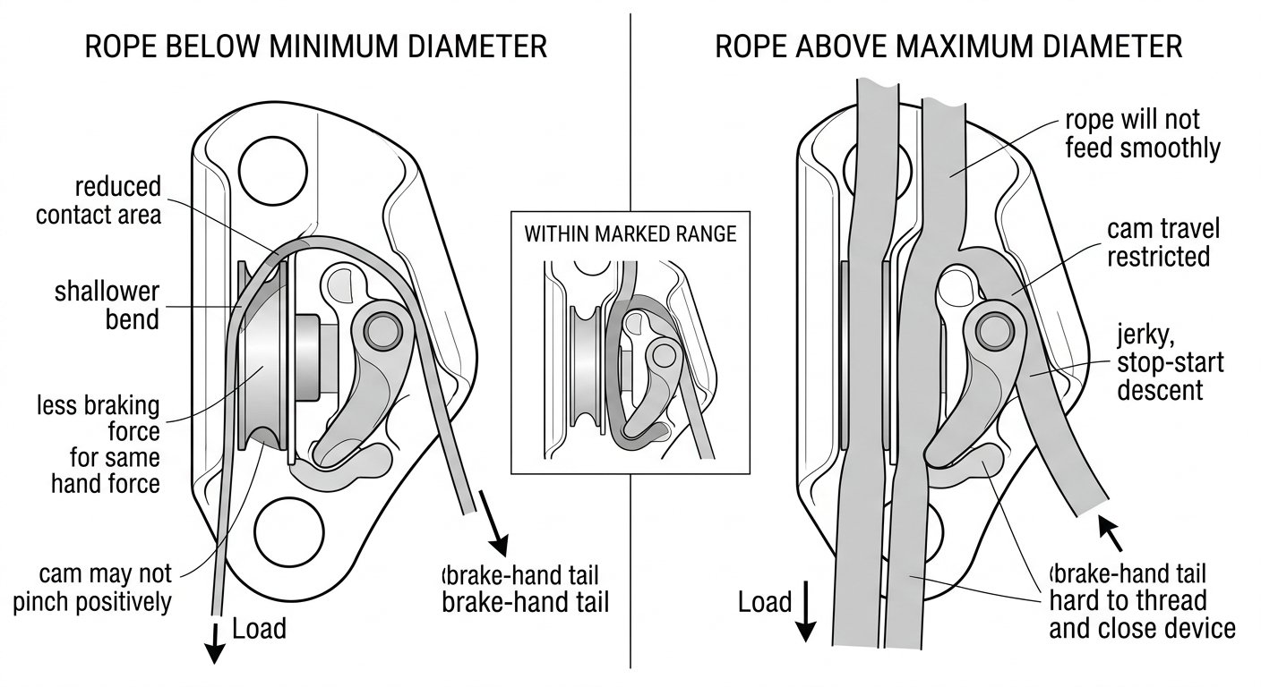 Cut-away diagrams comparing a too-thin, correct and too-thick rope inside a descender's rope channel, showing contact area, bend severity and cam pinch