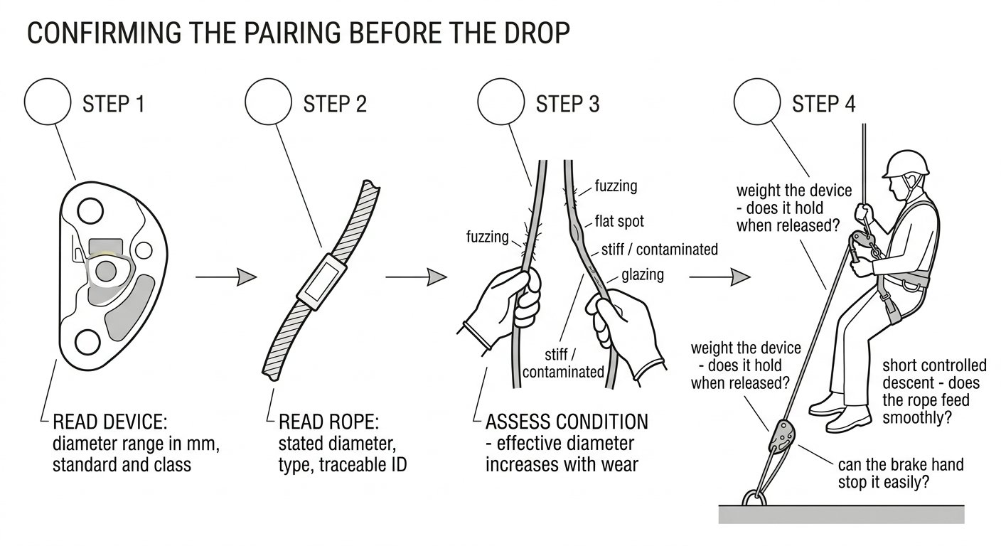 Four-step diagram of checking descender and rope compatibility: read device marking, read rope marking, assess rope condition, and perform a loaded function test near the ground