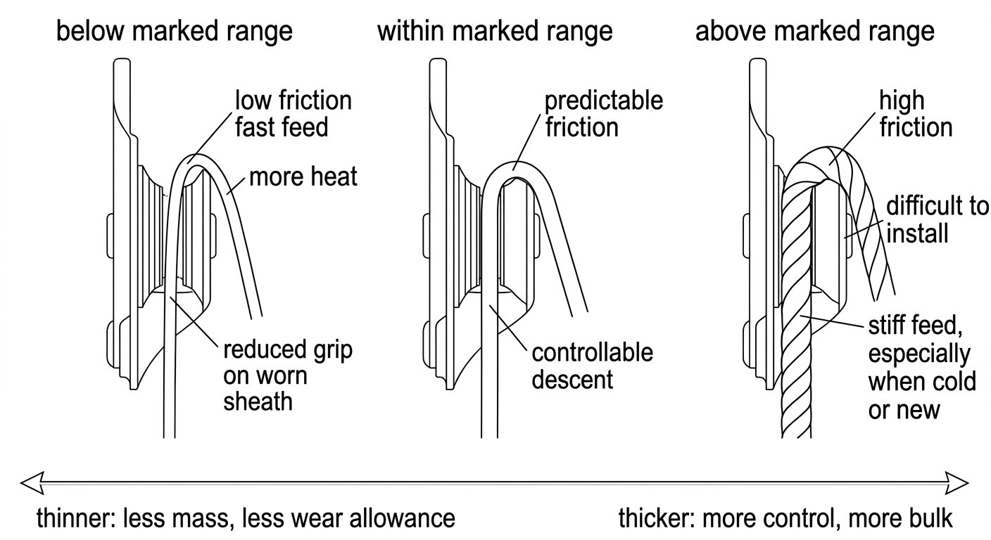 Three-panel sectional diagram of a descender with rope below, within and above the marked diameter range, showing friction, feed and control differences