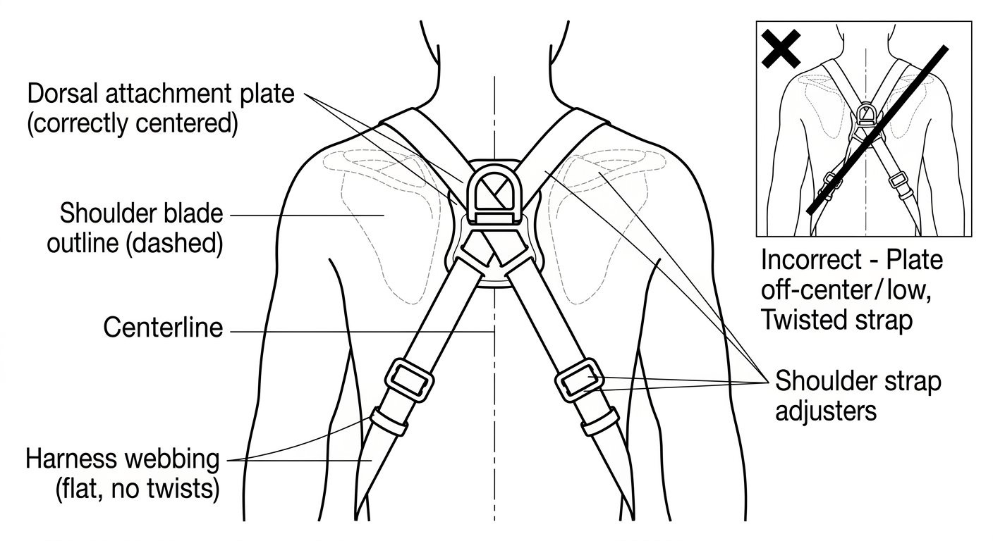 Rear view diagram of a harness dorsal attachment point centred between the shoulder blades with flat untwisted webbing, plus an inset showing an off-centre twisted example