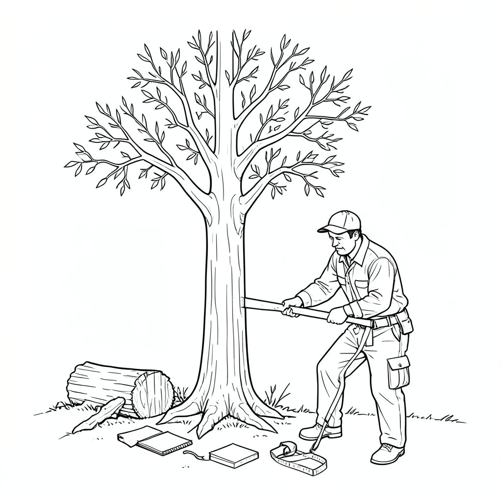 Assessing a Tree Before Felling: Lean, Hang-Ups and Hazard Trees — technical line drawing.