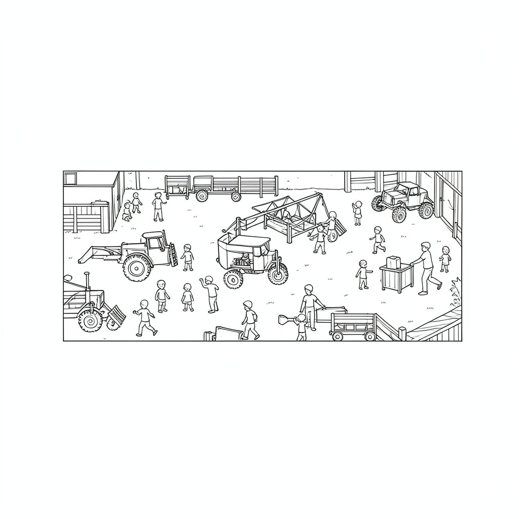 Children and Visitors on a Working Farm — technical line drawing.