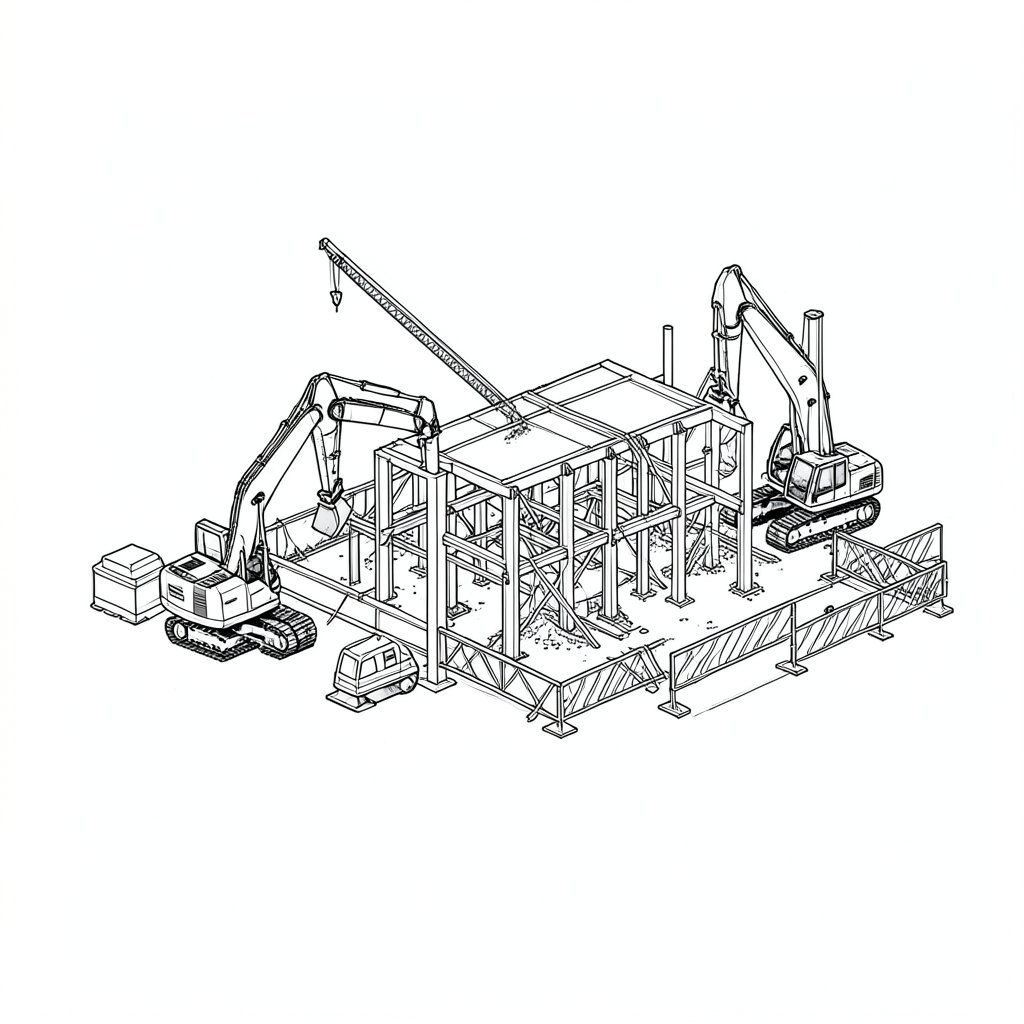 Demolition Sequence Planning and Structural Stability — technical line drawing.