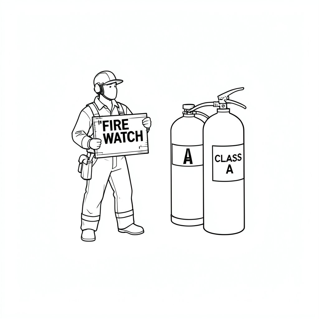Fire Response and Emergency Planning for Hot Work — technical line drawing.