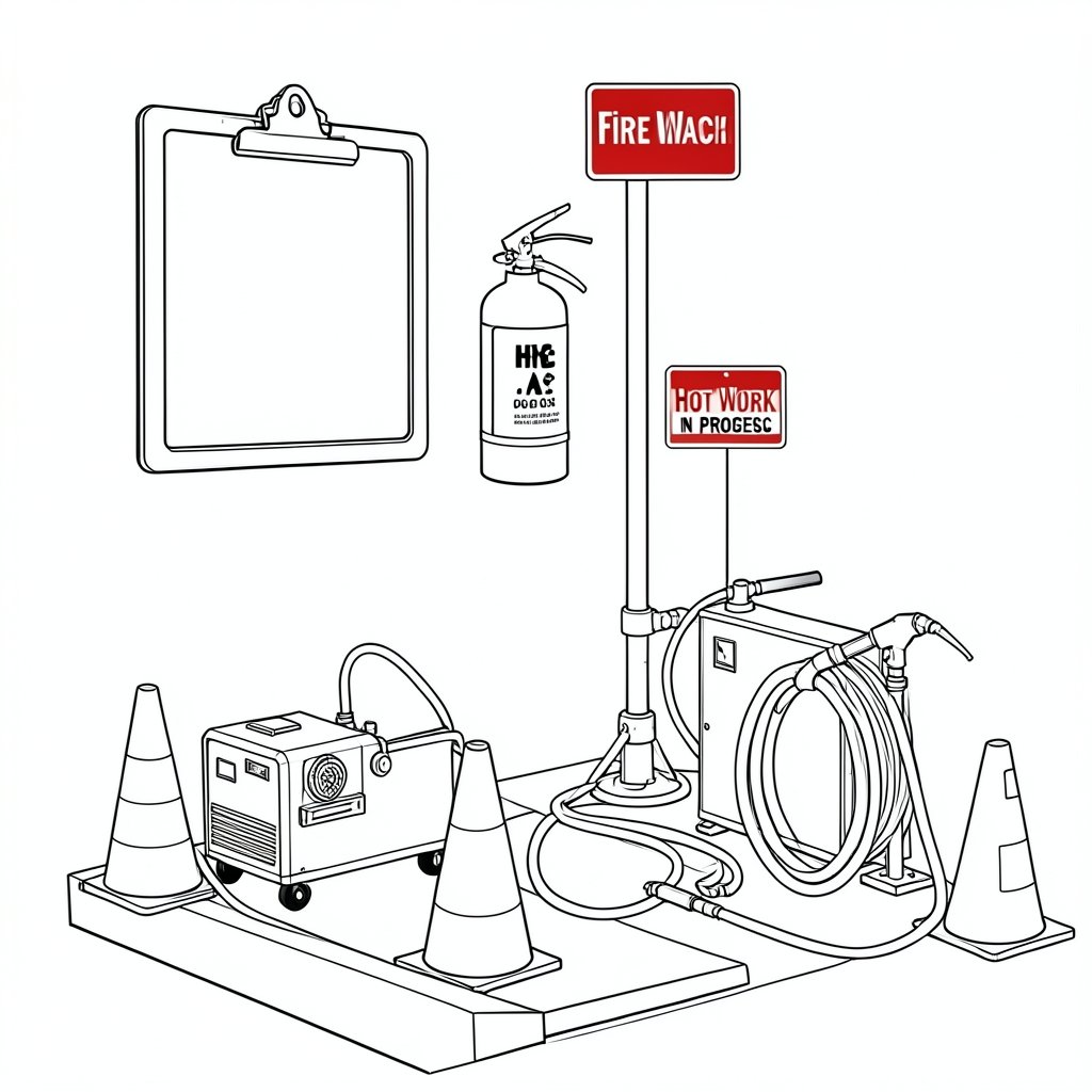 Hot Work Permits and Fire Watch — technical line drawing.