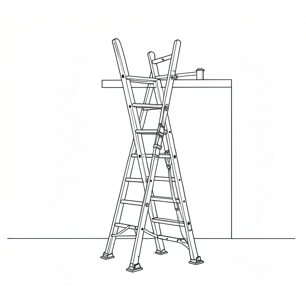 Ladder Safety for Roof Access: The Three-Points-of-Contact Rule — technical line drawing.