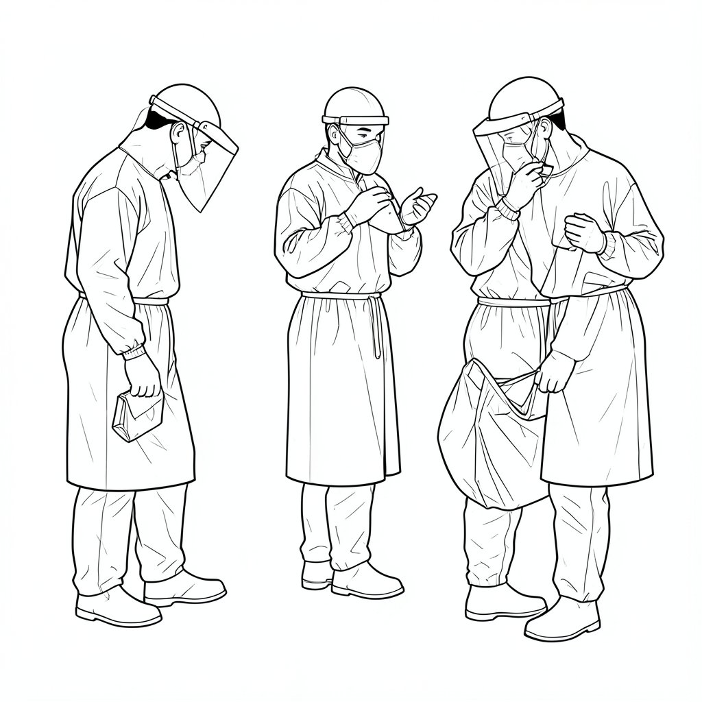 PPE Doffing and Personal Decontamination Sequence — technical line drawing.