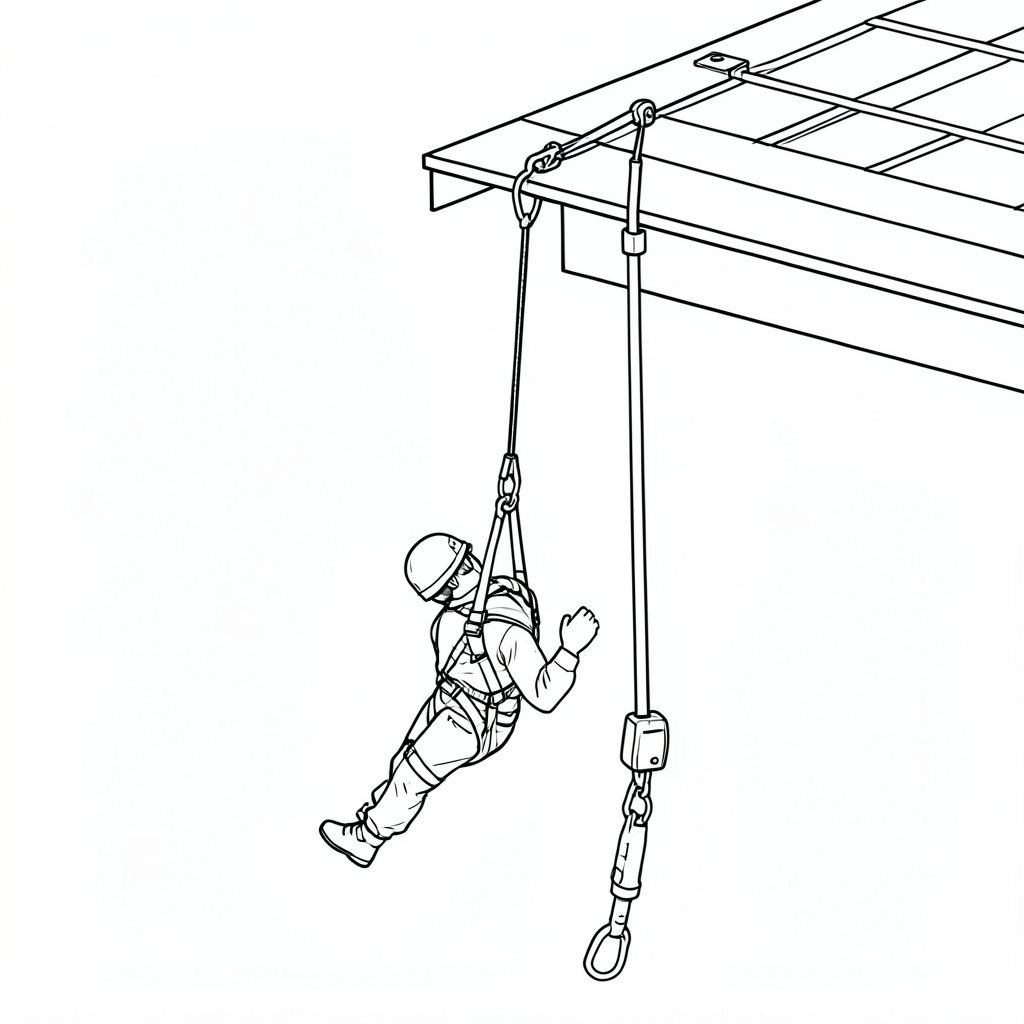 Rescue Planning for a Fall Arrested by a Roof Edge Protection System — technical line drawing.