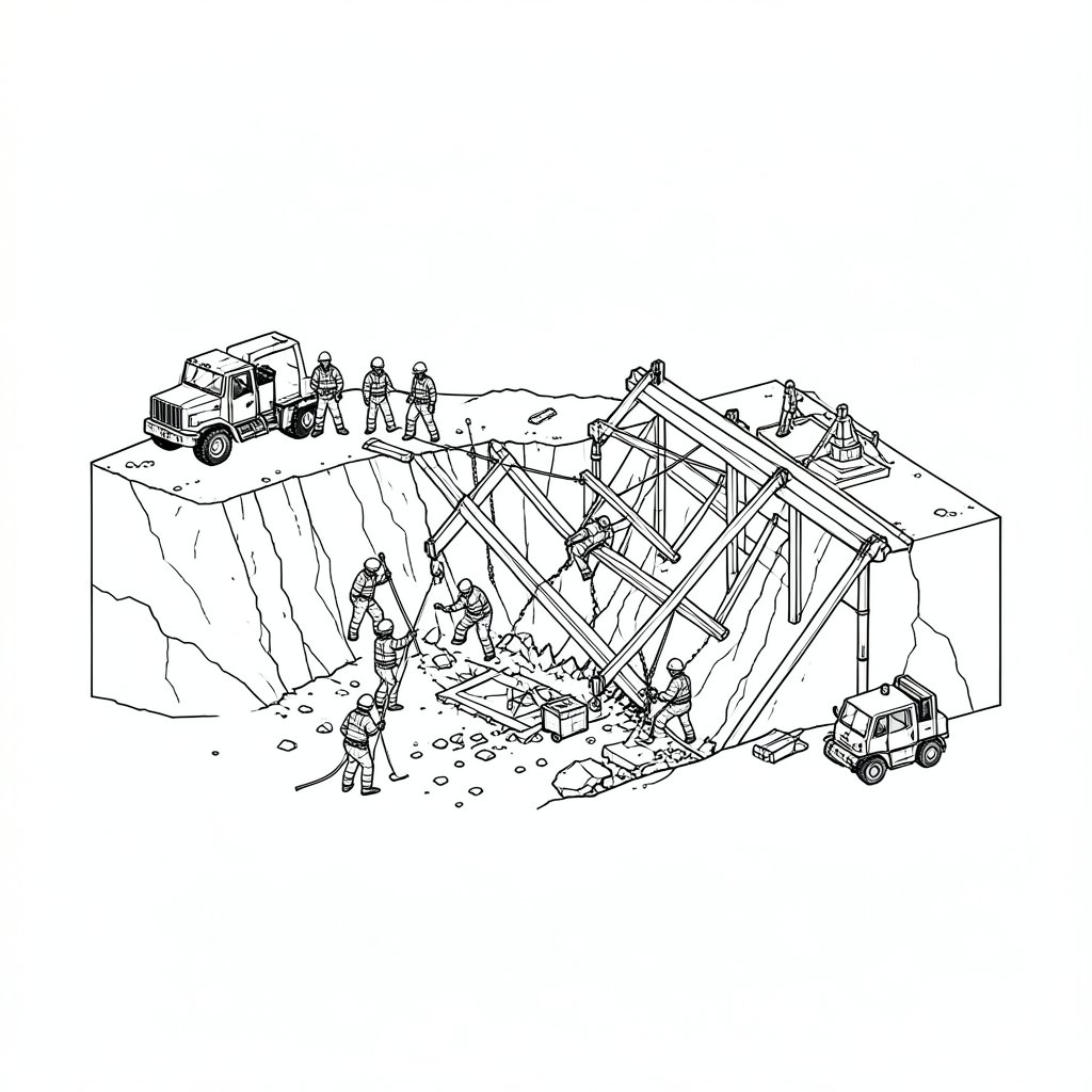 Rescue Planning for an Excavation or Structural Collapse — technical line drawing.