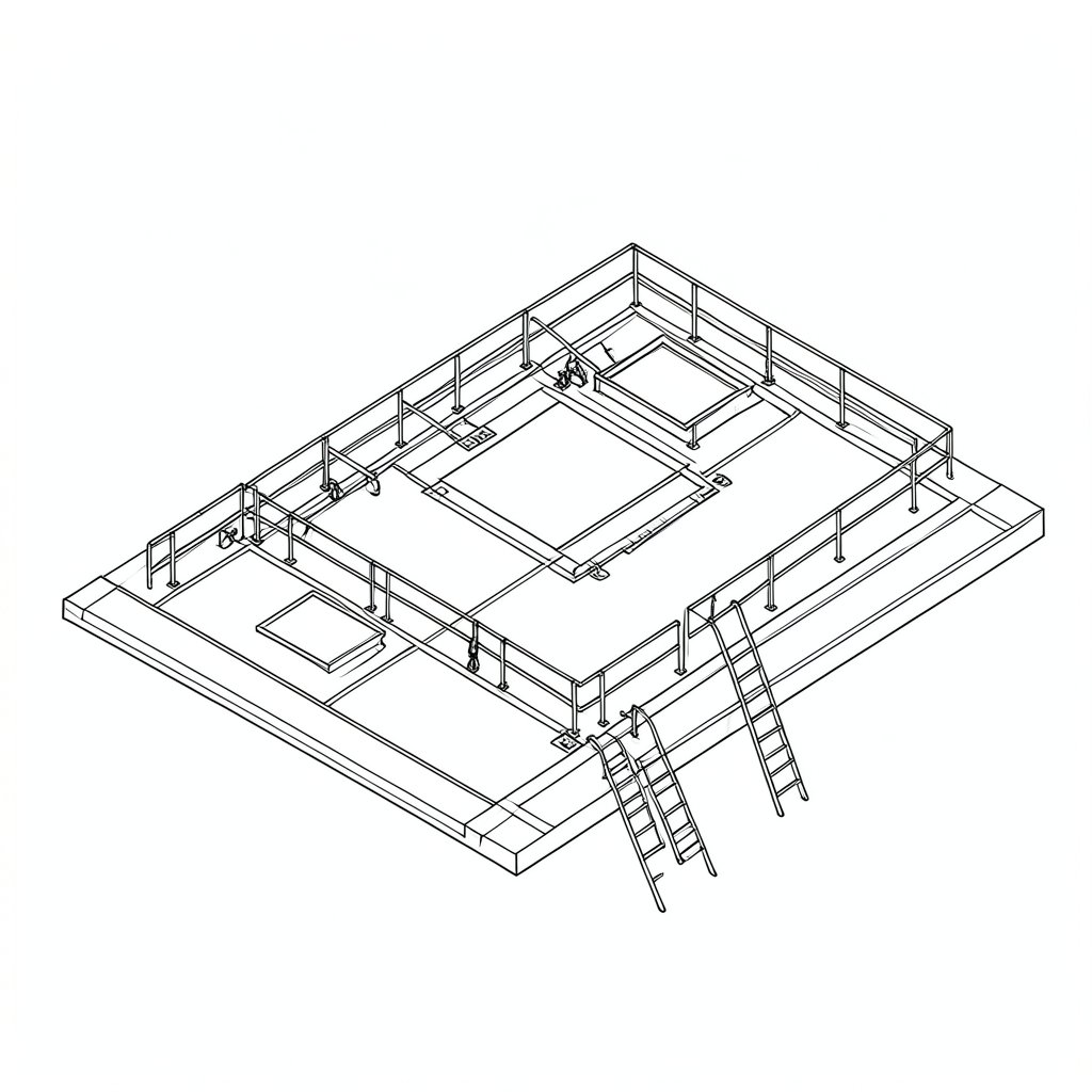 Roof Access Route Planning: Hatches and Skylight Hazards — technical line drawing.