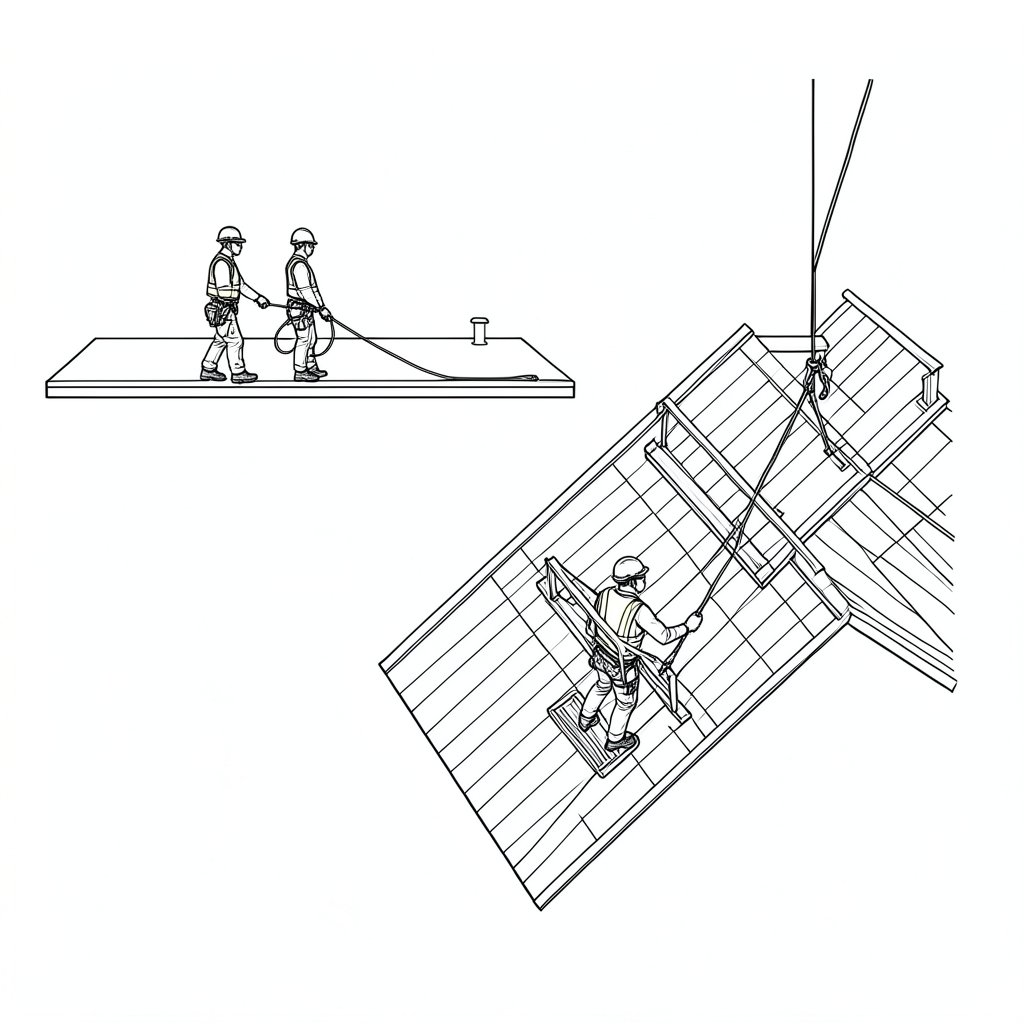 Roof Pitch and Choosing the Right Fall Protection System — technical line drawing.