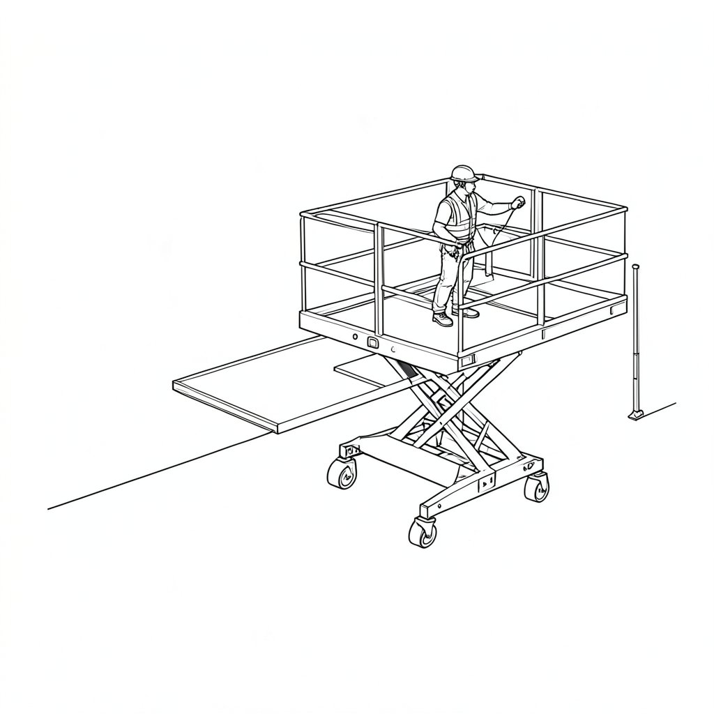 Safe Use of Mobile Elevated Work Platforms for Roof-Level Work — technical line drawing.