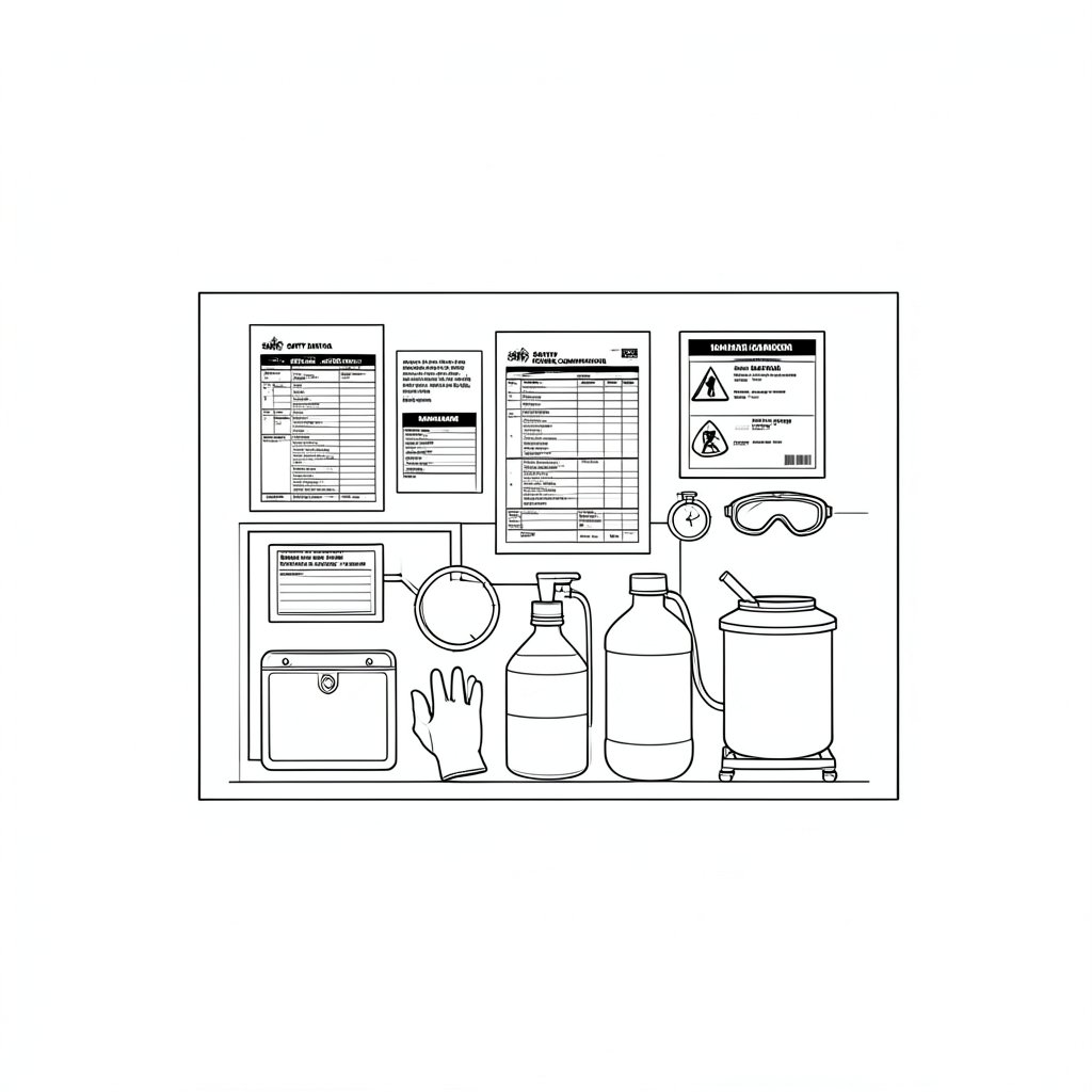 Safety Data Sheets and Hazard Communication — technical line drawing.