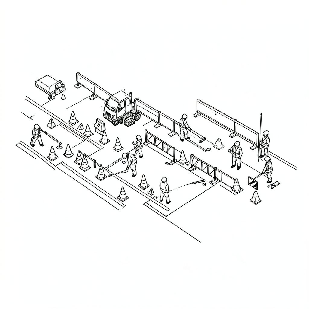 Setting Out and Taking Down a Traffic Management Layout — technical line drawing.