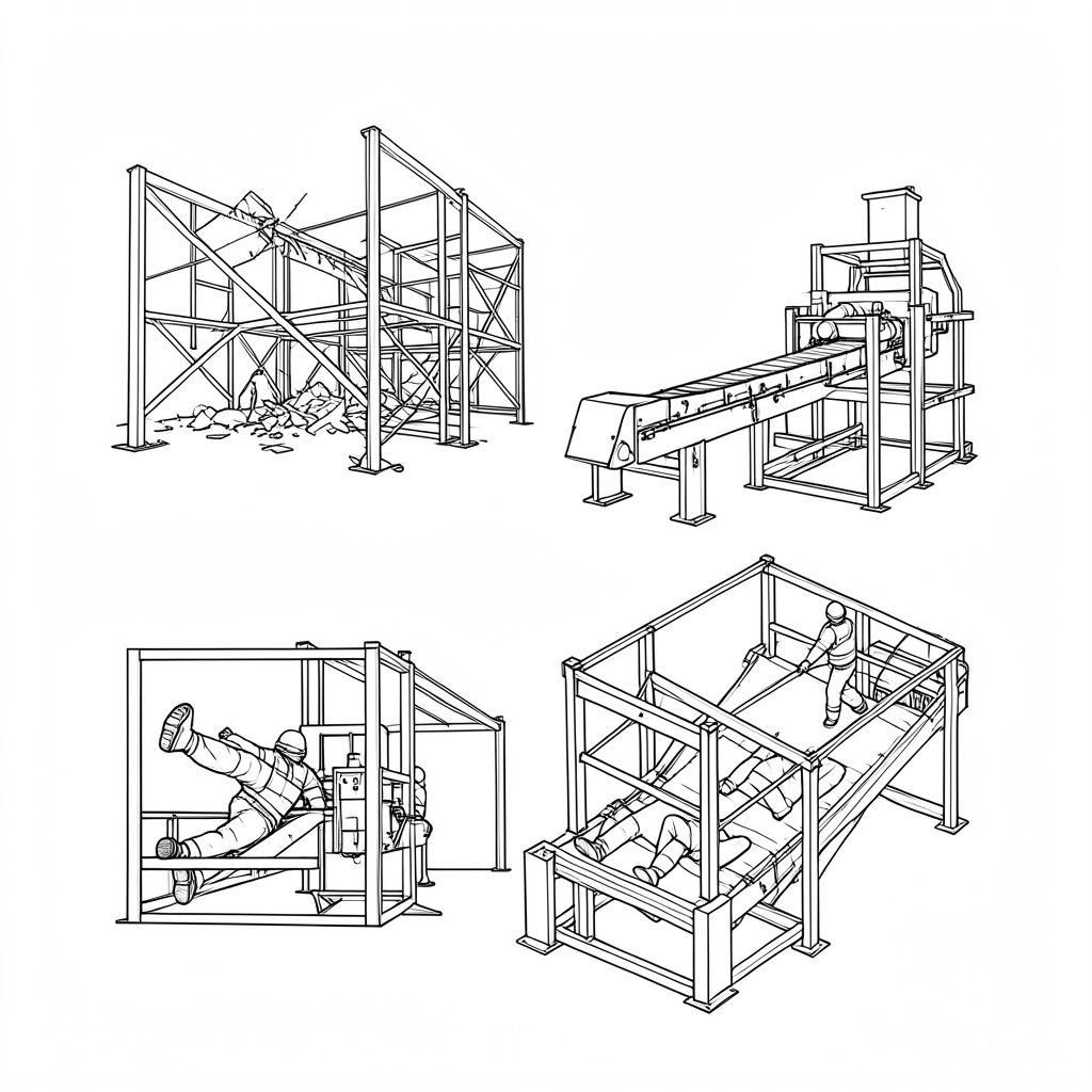 Trapped or Crushed Worker Rescue Planning in Warehouses — technical line drawing.