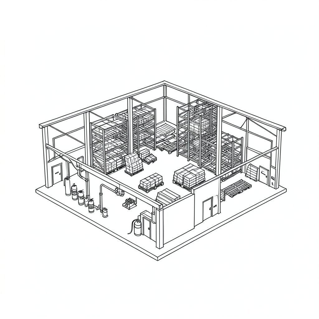 Warehouse Fire Safety and Storage Configuration — technical line drawing.