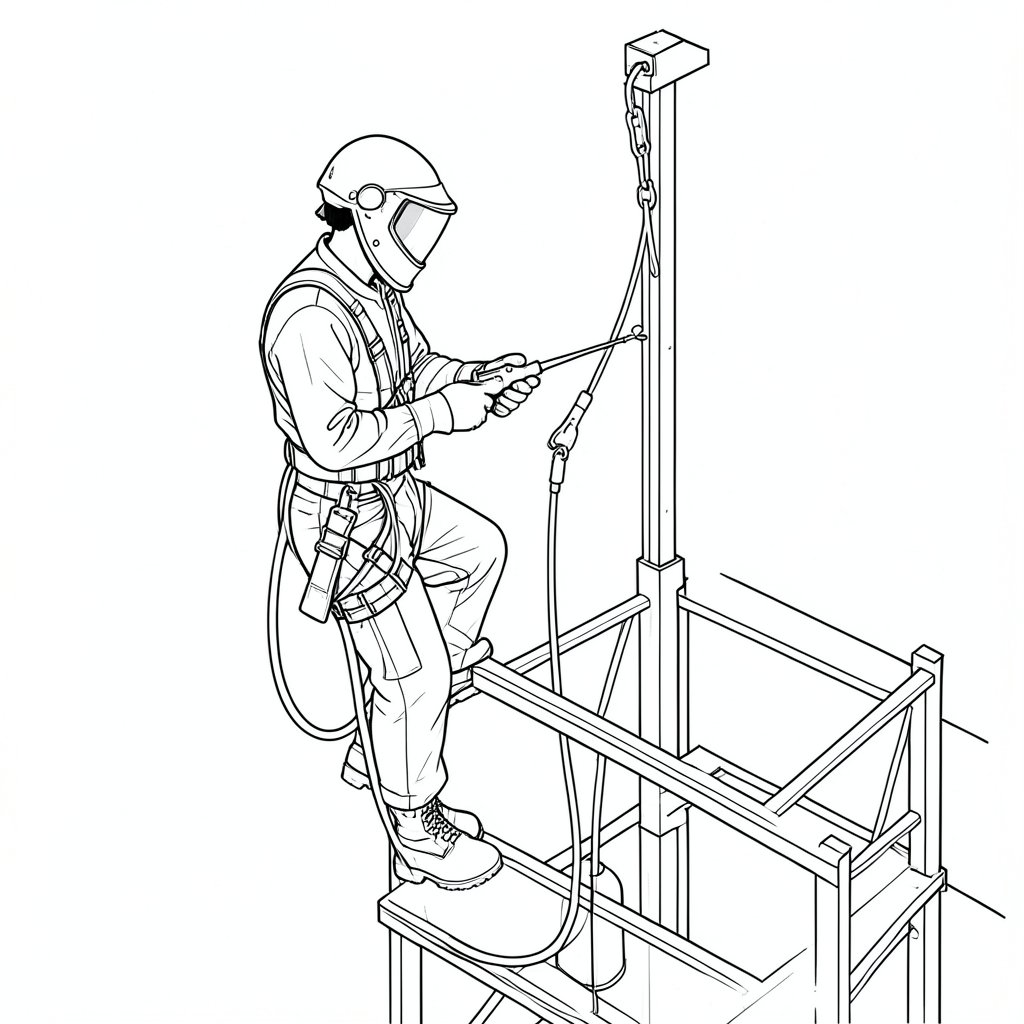 Welding and Hot Work at Height — technical line drawing.