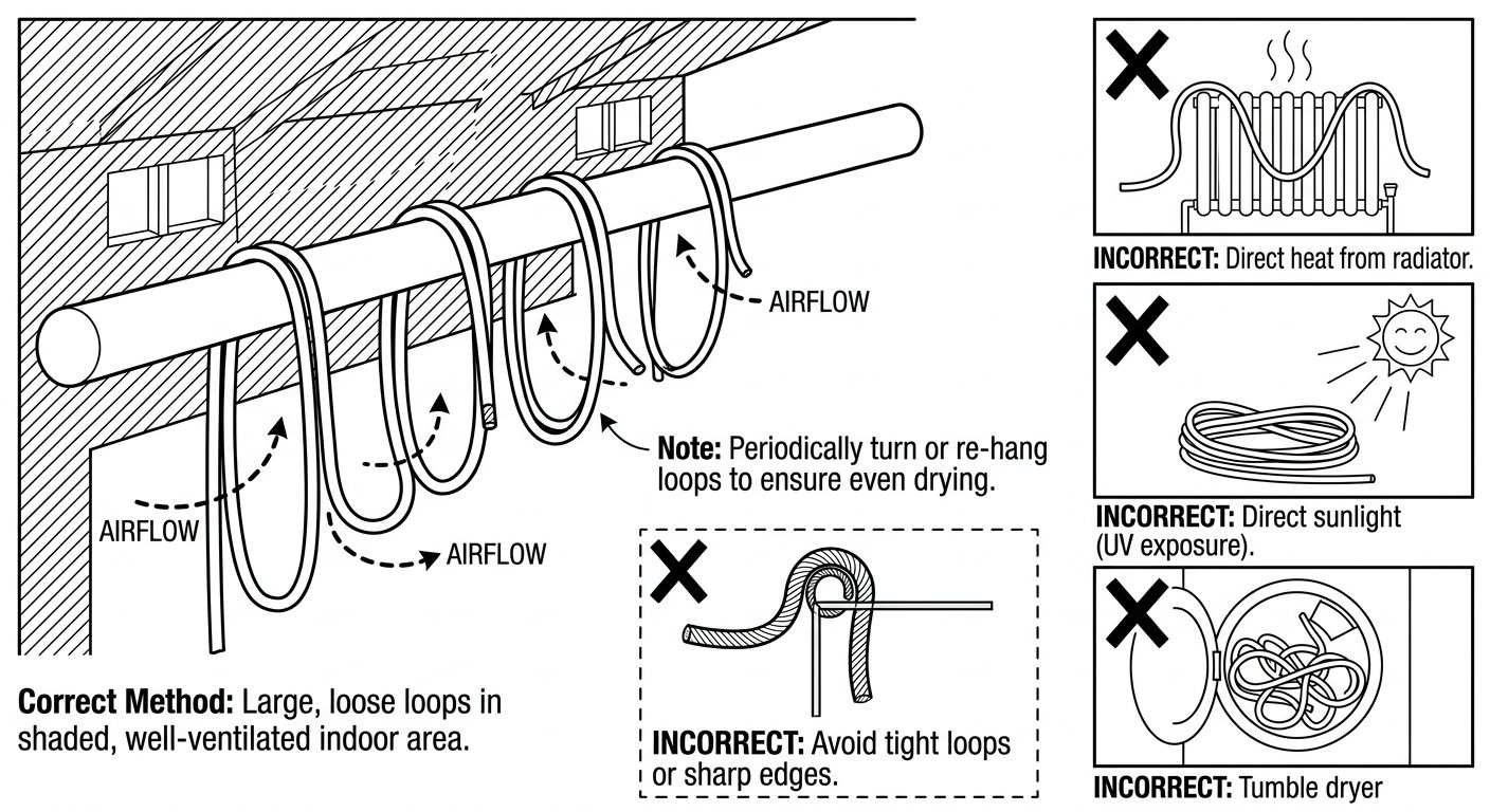 Diagram of correct rope drying in large loose loops in shade with airflow, contrasted with crossed-out drying on a radiator, in sunlight and in a tumble dryer
