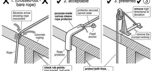 Diagram comparing bare rope on a sharp edge, a secured rope protector, and raising the rope clear of the edge with a high directional