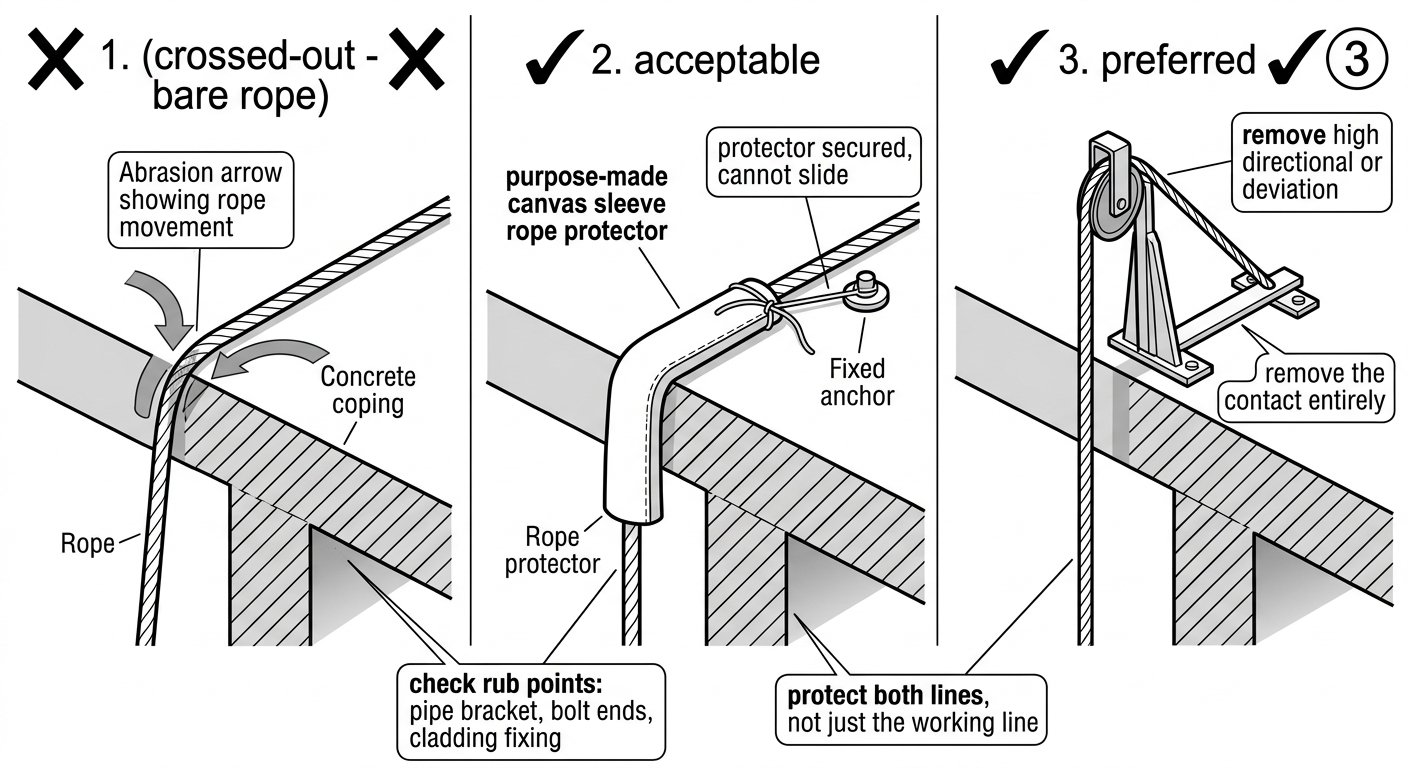 Diagram comparing bare rope on a sharp edge, a secured rope protector, and raising the rope clear of the edge with a high directional