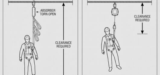 Comparison diagram of clearance required for a 2 m energy-absorbing lanyard versus an overhead retractable type fall arrester to EN 360.
