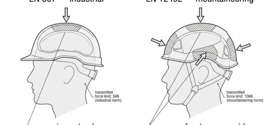 Diagram comparing helmet impact test zones: EN 397 tests crown impact only, EN 12492 tests crown, front, rear and lateral impacts.