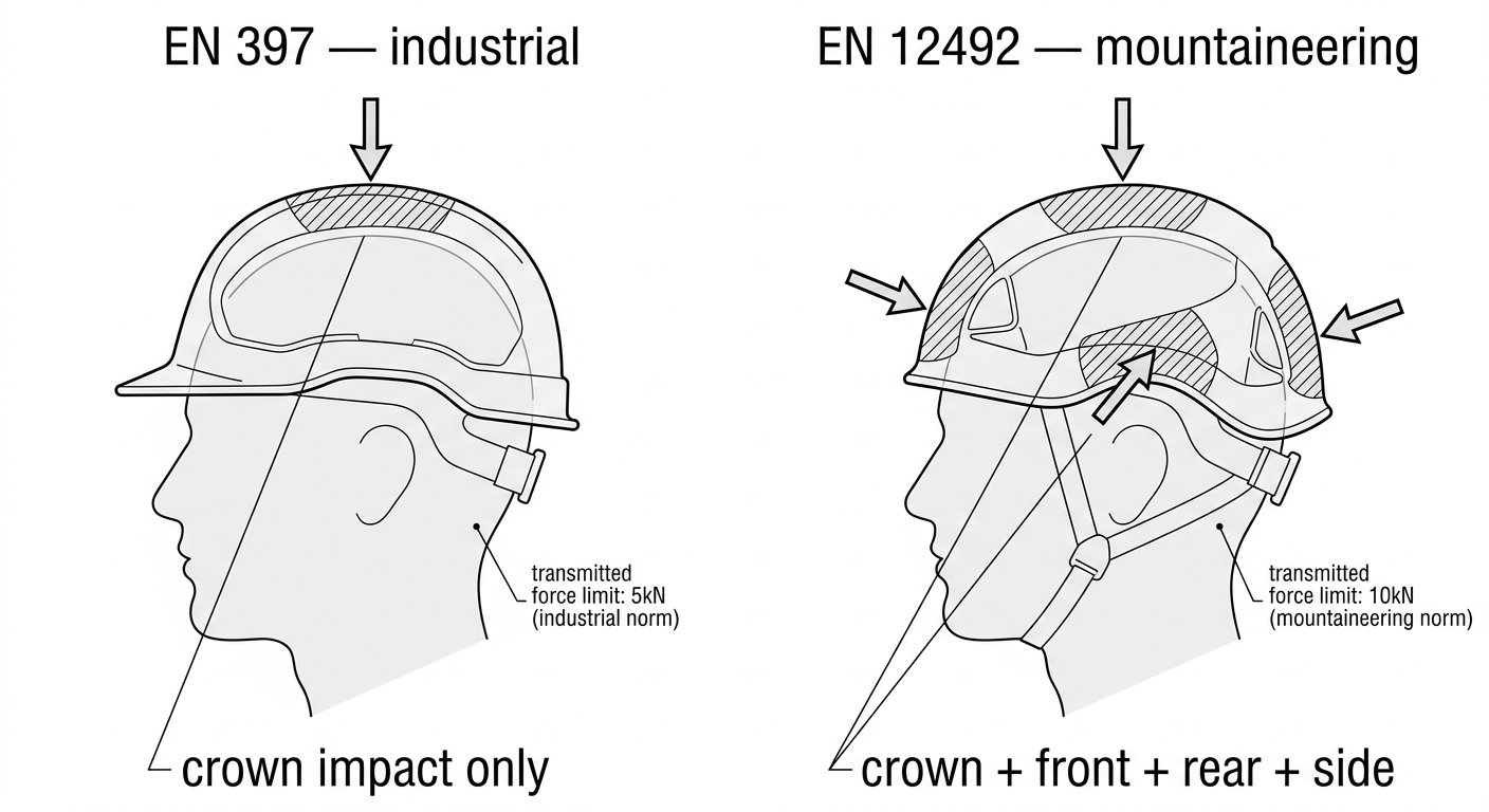 Diagram comparing helmet impact test zones: EN 397 tests crown impact only, EN 12492 tests crown, front, rear and lateral impacts.