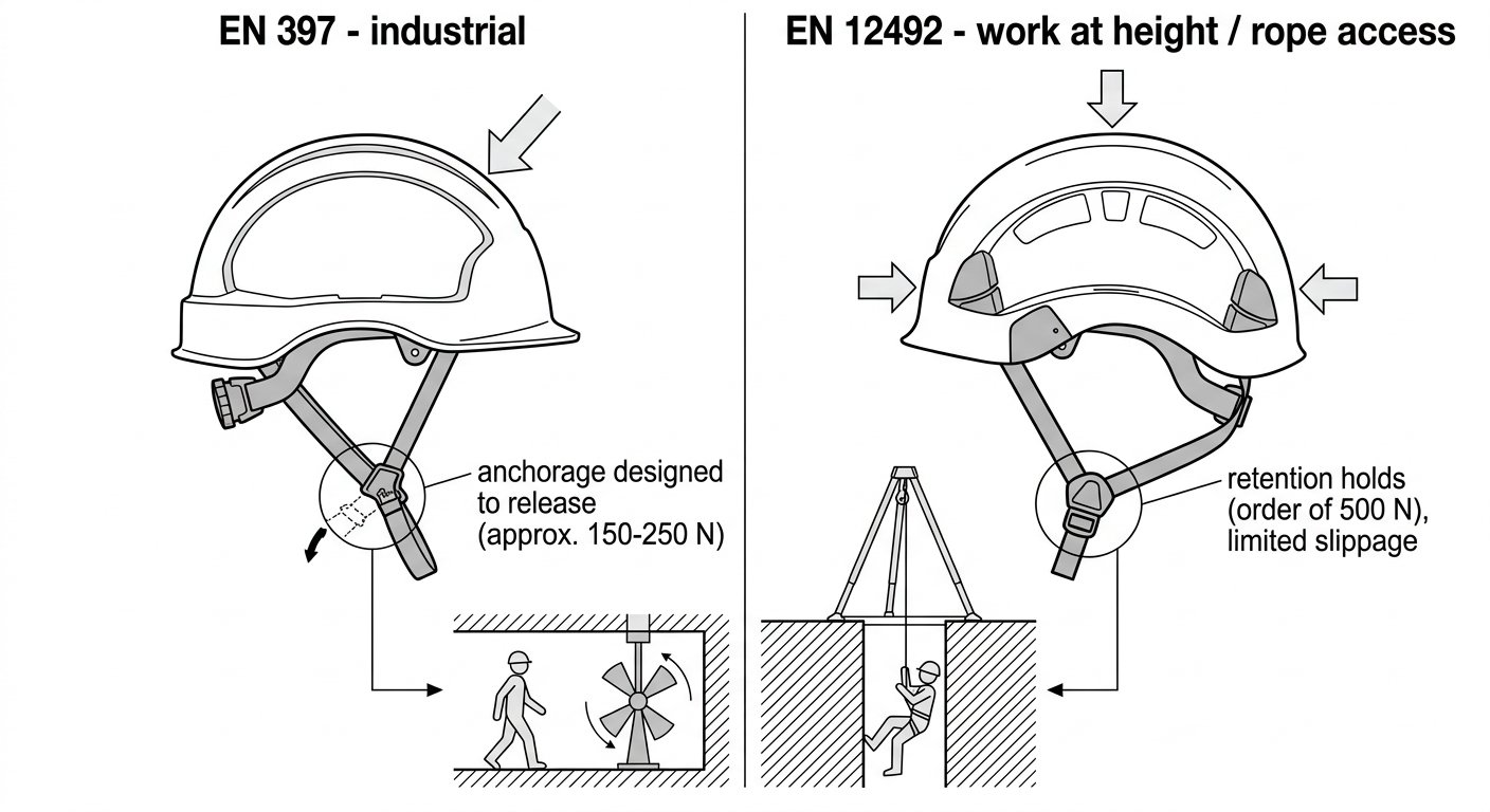Diagram comparing EN 397 releasing chinstrap and EN 12492 retaining chinstrap, with confined space scenarios matched to each helmet type