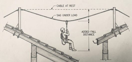 Diagram of a fallen worker mid-span on an EN 795 Type C horizontal flexible anchor line, showing line sag adding to total fall distance and referencin