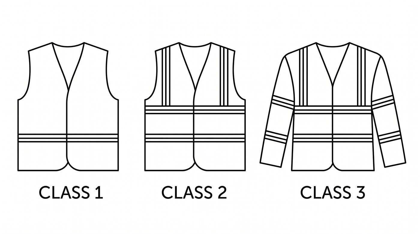 Technical line-art diagram comparing three high-visibility garments: a Class 1 vest with a single reflective band, a Class 2 vest with torso and shoulder bands, and a Class 3 long-sleeved jacket adding a reflective band around each sleeve.