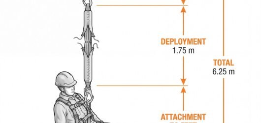 Diagram showing the four components of energy absorber clearance measured down from the anchor: lanyard 2.0 m, absorber deployment 1.75 m, dorsal atta