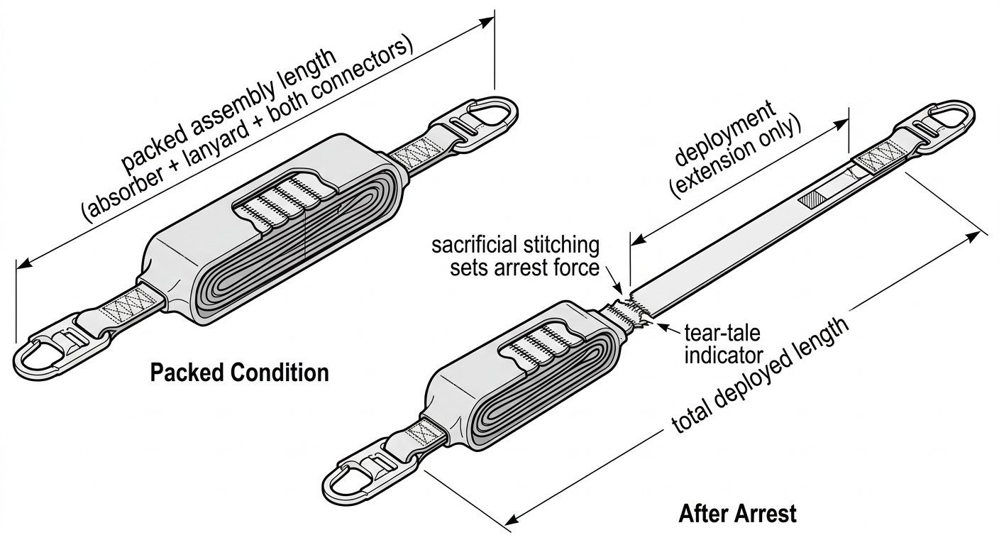 Diagram comparing a packed energy absorbing lanyard with the same lanyard after deployment, showing deployment increment versus total deployed length