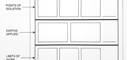 Simple line-art illustration of an electrical permit to work document with sections for equipment identification, isolation confirmation, authorised s
