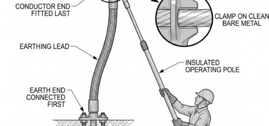 Simple line-art illustration of a temporary earthing clamp connected between a conductor and an earth point, positioned close to a marked work locatio