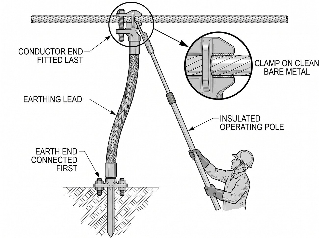 Simple line-art illustration of a temporary earthing clamp connected between a conductor and an earth point, positioned close to a marked work location on the circuit.