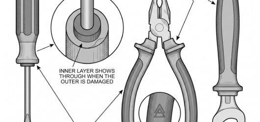 Simple line-art illustration of an insulated hand tool with its voltage rating marking visible on the handle, shown separately from an ordinary tool w