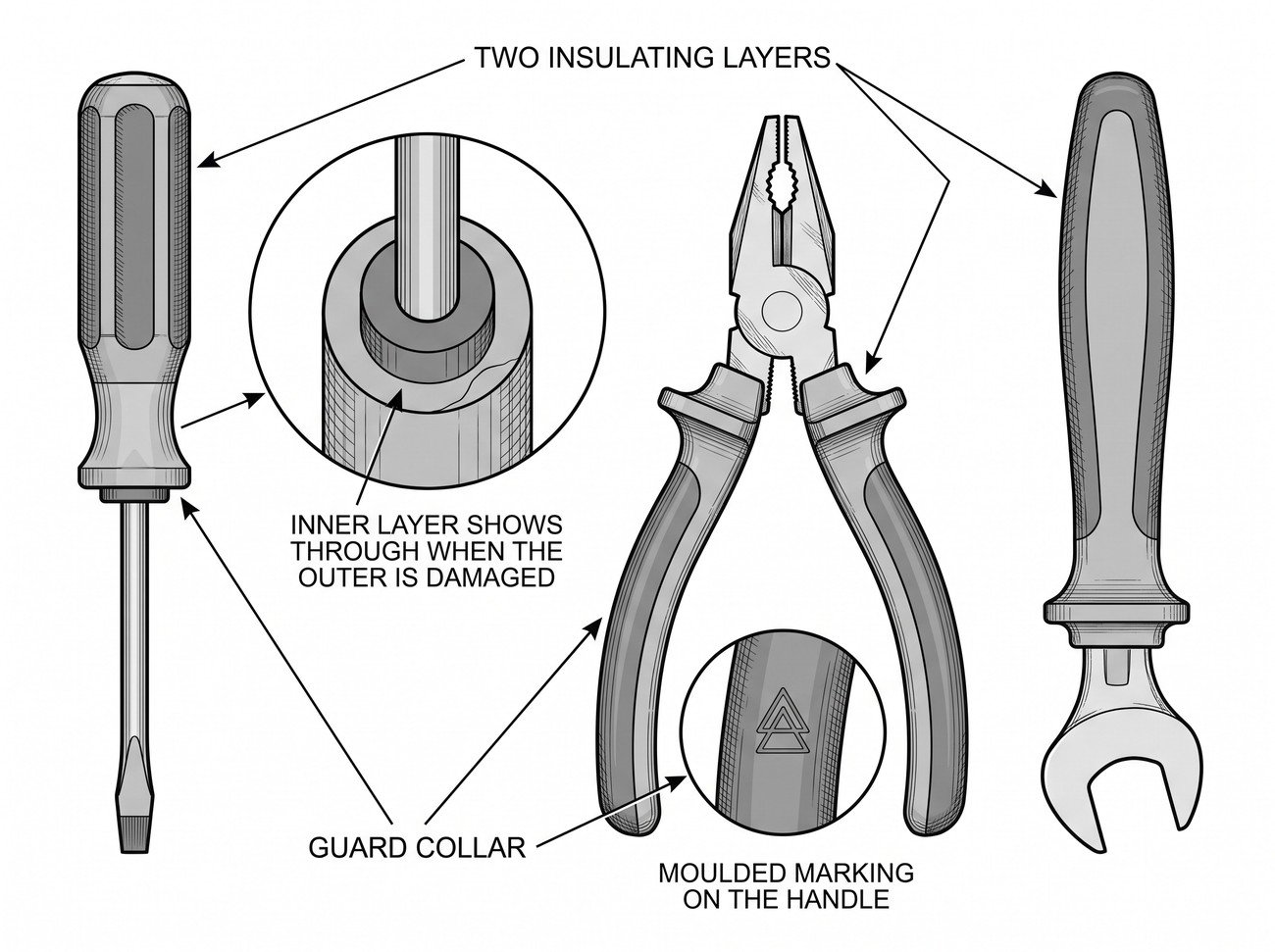 Simple line-art illustration of an insulated hand tool with its voltage rating marking visible on the handle, shown separately from an ordinary tool with a plain comfort-grip handle.