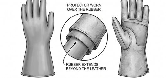 Simple line-art illustration of an insulating glove with a voltage class label, shown beside a separate leather protector glove worn over it for mecha