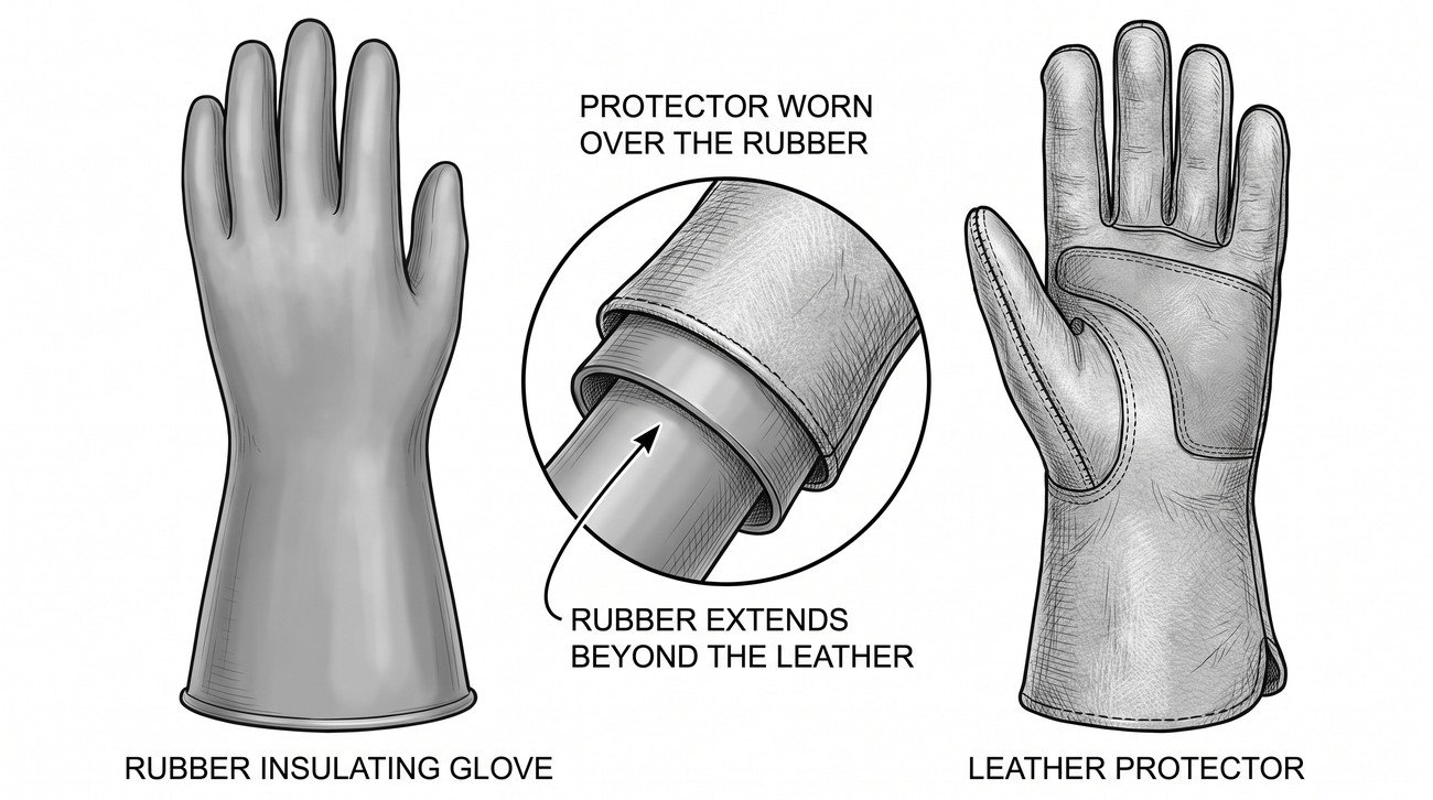 Simple line-art illustration of an insulating glove with a voltage class label, shown beside a separate leather protector glove worn over it for mechanical protection.