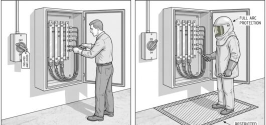 Simple line-art illustration comparing two electrical work scenarios: a technician working on a locked-off, tagged panel on the left, and a technician