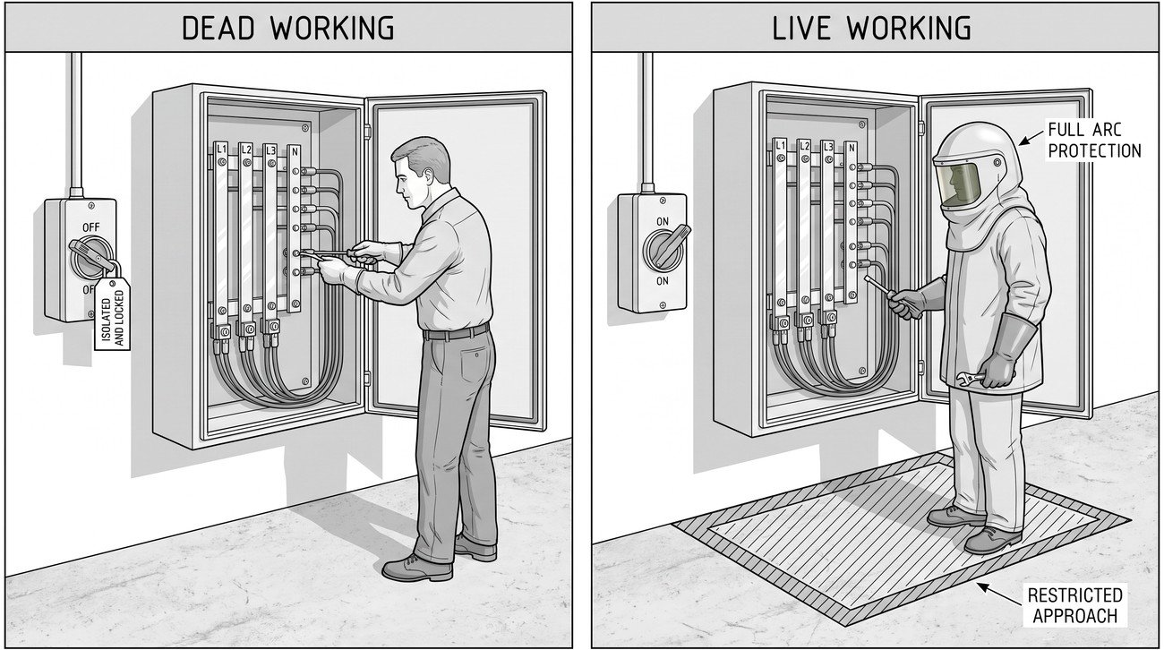 Simple line-art illustration comparing two electrical work scenarios: a technician working on a locked-off, tagged panel on the left, and a technician in full arc-rated PPE working on an energised panel on the right, kept well apart.