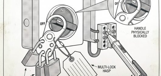 Simple line-art illustration of an electrical isolator switch with a padlock and a tag attached, next to a voltage tester being used to confirm the ci