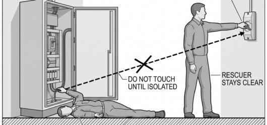 Simple line-art illustration of a rescuer reaching for a nearby isolation switch rather than directly touching a casualty who remains in contact with 