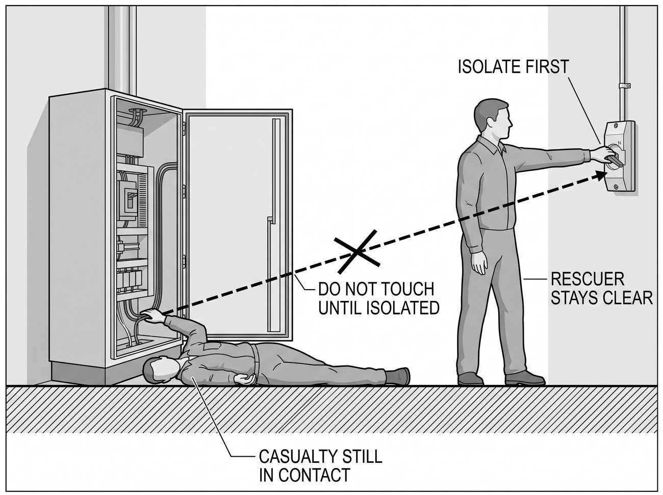 Simple line-art illustration of a rescuer reaching for a nearby isolation switch rather than directly touching a casualty who remains in contact with an electrical source.