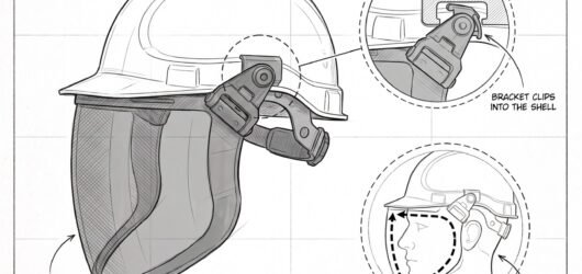 Simple line-art illustration of a safety helmet with an arc-rated face shield attached, covering the full face and extending down past the chin, worn 